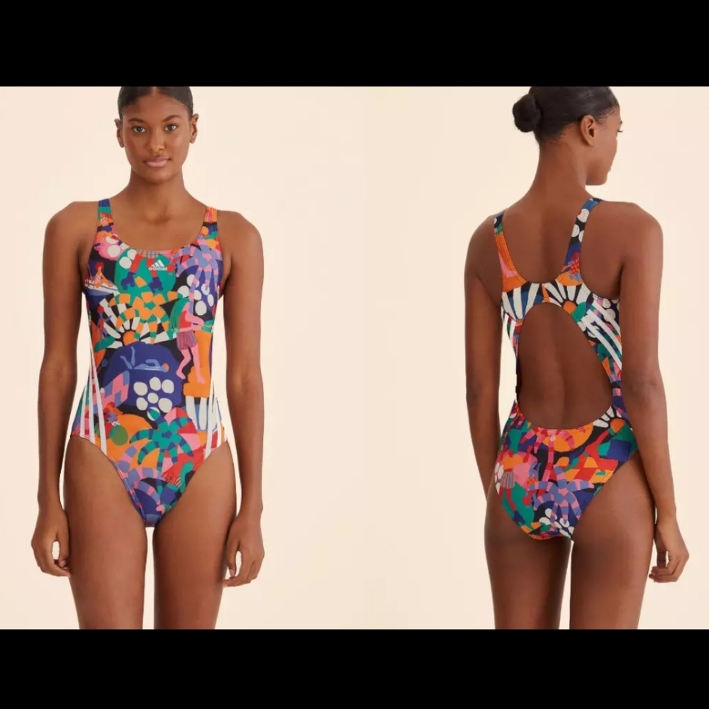 NWT Farm RIO × Adidas Black Mulitcolor One Piece Racing Swimsuit SIZE 14